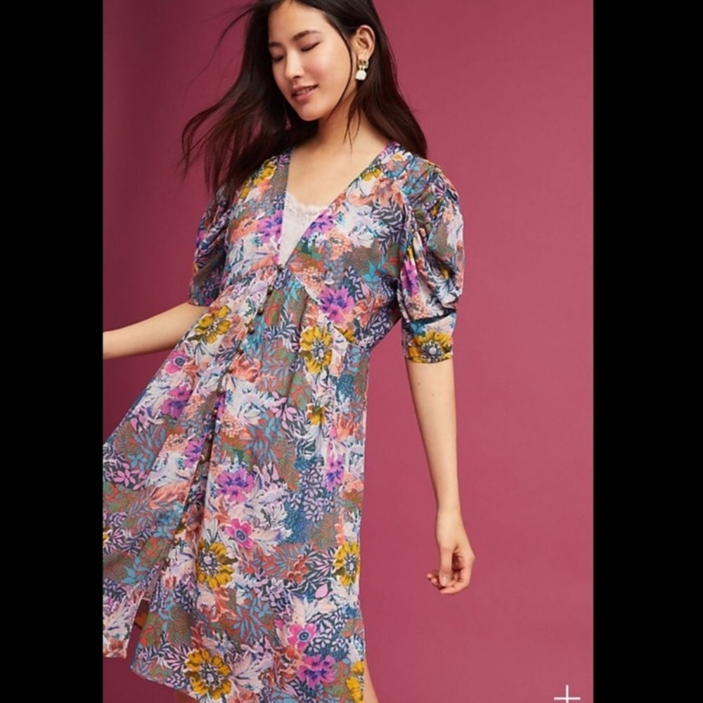 Anthropologie Floral Midi Dress in Pink, Blue, Yellow